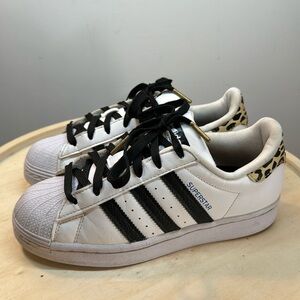 Kids White, Black, and Leopard Print Superstar Adidas Size 3.5